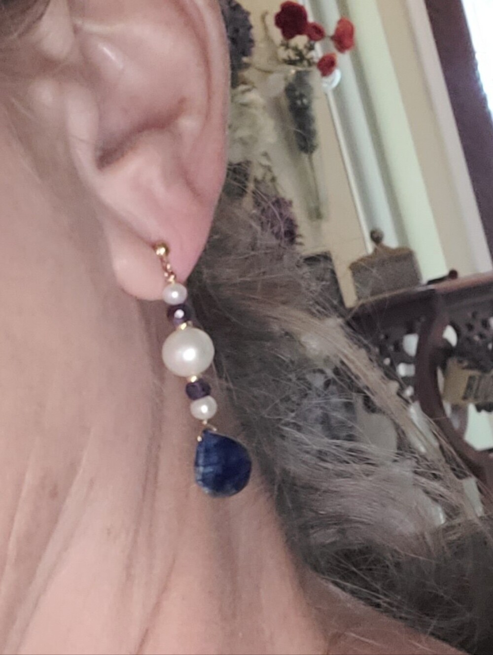 14kt Solid Yellow Gold Sapphire Pearl Artisan Handmade Earring Set